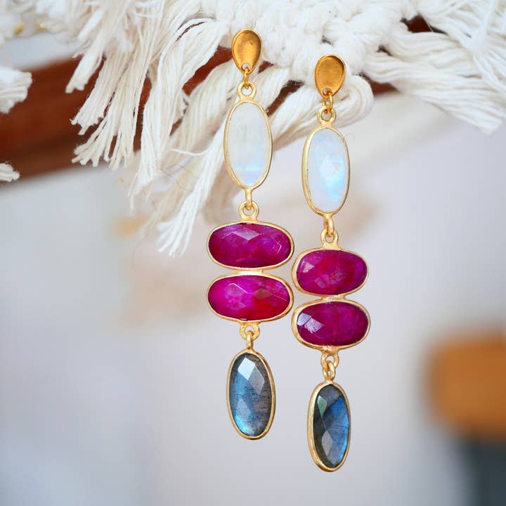 RATRI Earrings – Moonstone, Indian Ruby & Labradorite for wholesale by GINANDGER