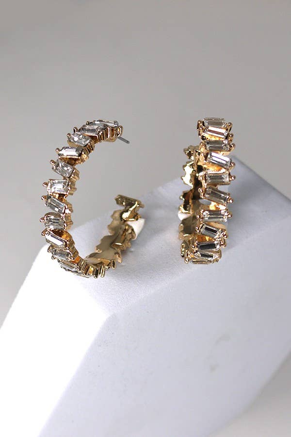 GOLD BAGUETTE RHINESTONE HOOP EARRINGS | 40E414 for wholesale on Faire