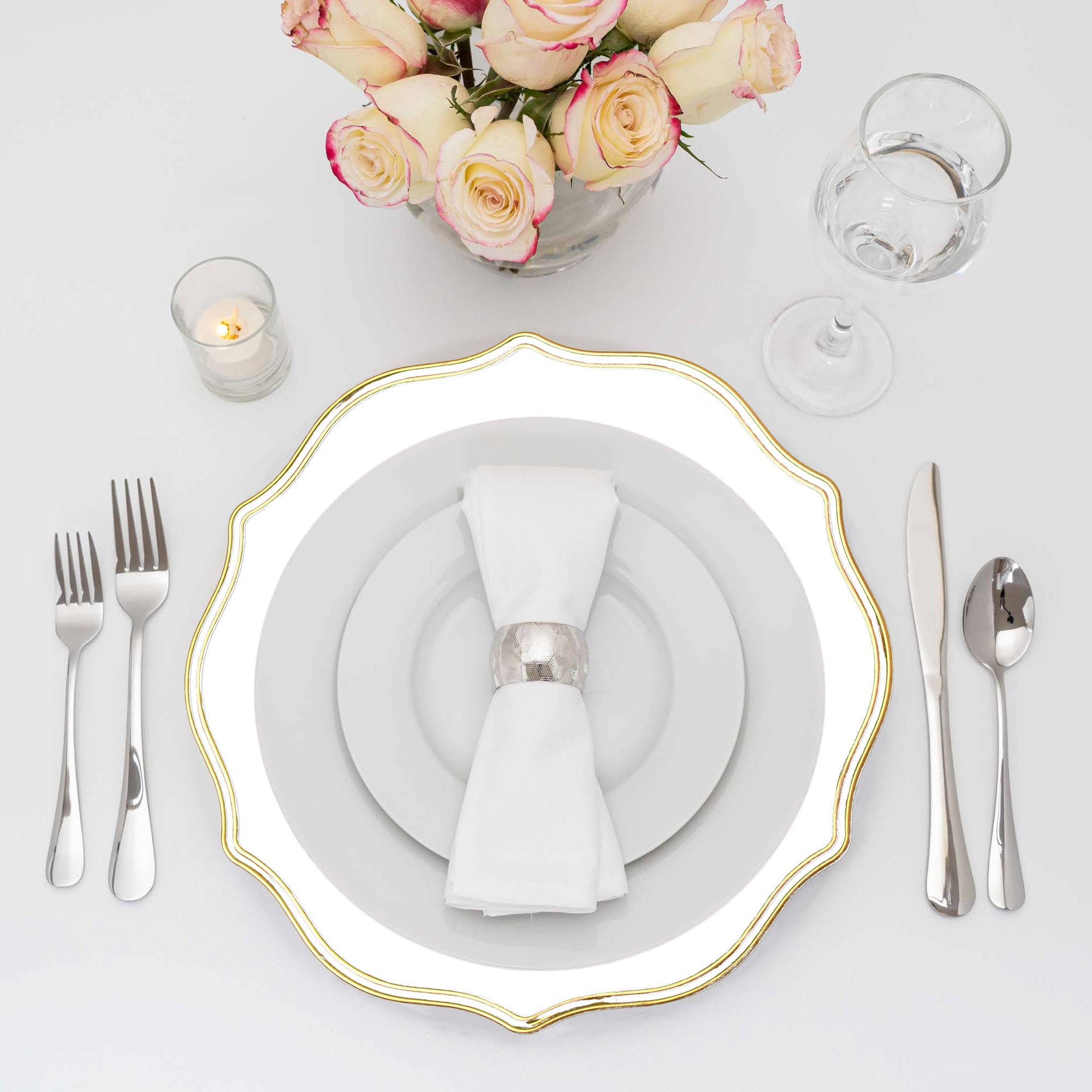 Portofino International Trading, USA - Wholesale Charger Plate - Scalloped with Gold Trim Plastic Charger Plate 13" - White3