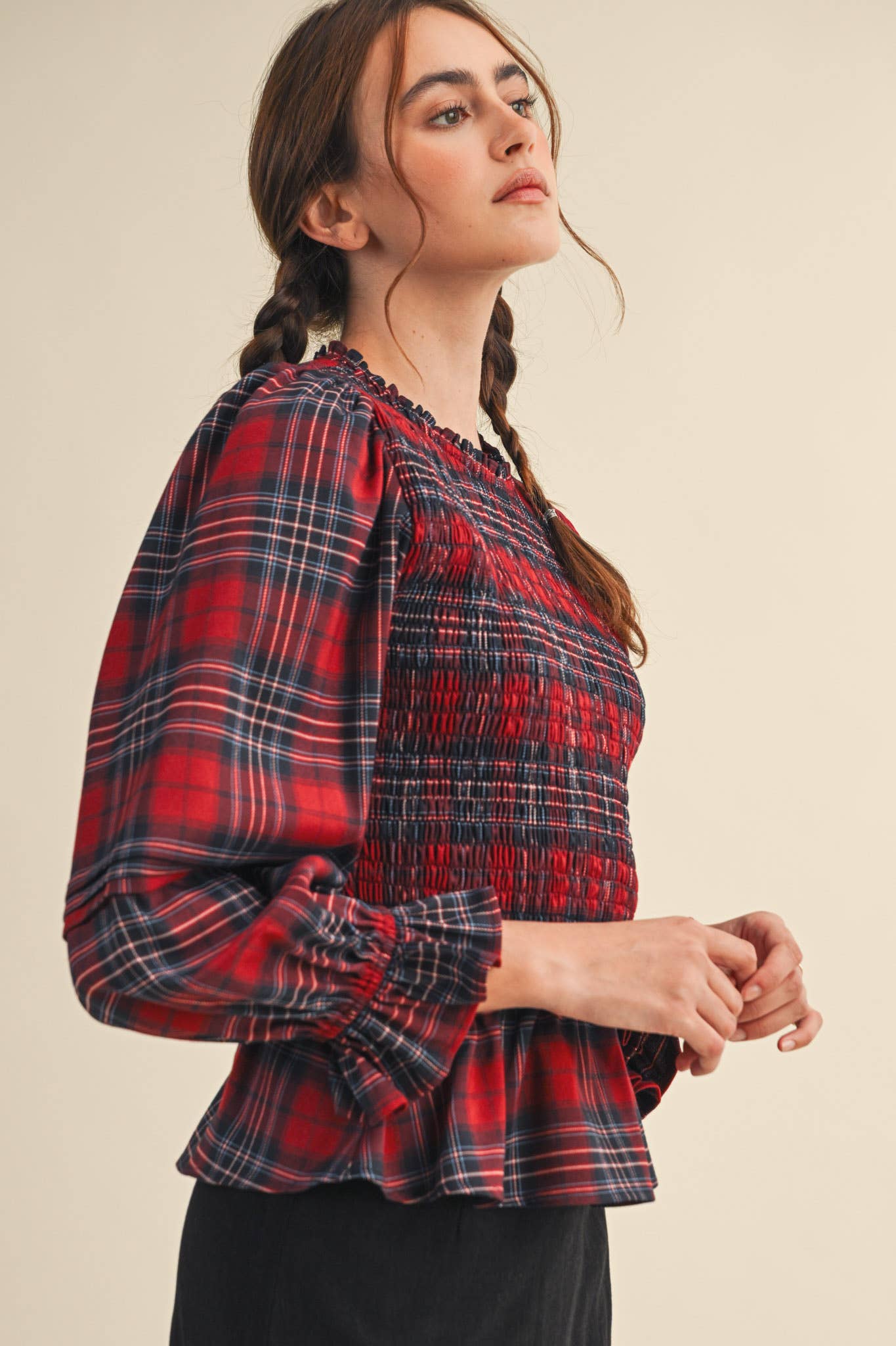 SMOCKED PLAID PUFF SLEEVE PEPLUM TOP MTP4192 for wholesale on Faire16