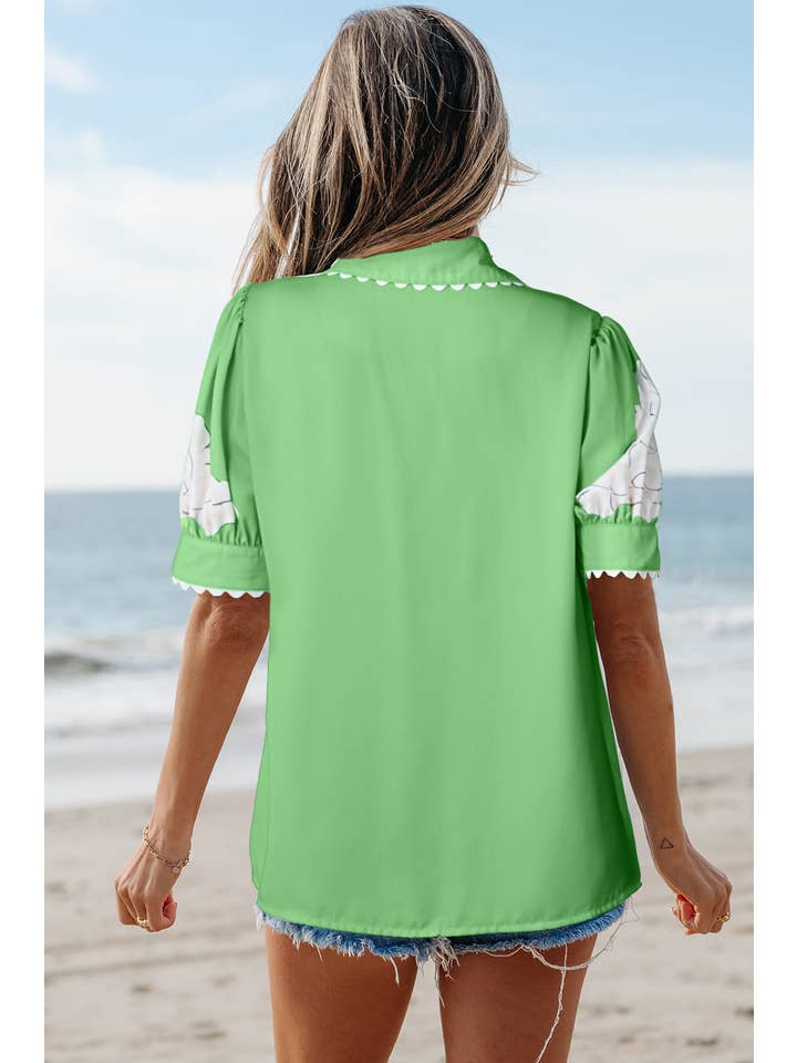 Aapparella - Vente Chemise à col boutonné – femme - Haut à boutons avec manches bouffantes et bordure en croquet floral | S-XL2