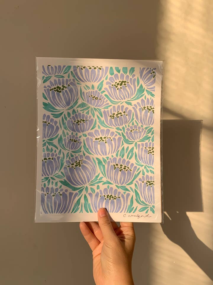 Retro Periwinkle Floral Art Print for wholesale by Frankie Blue