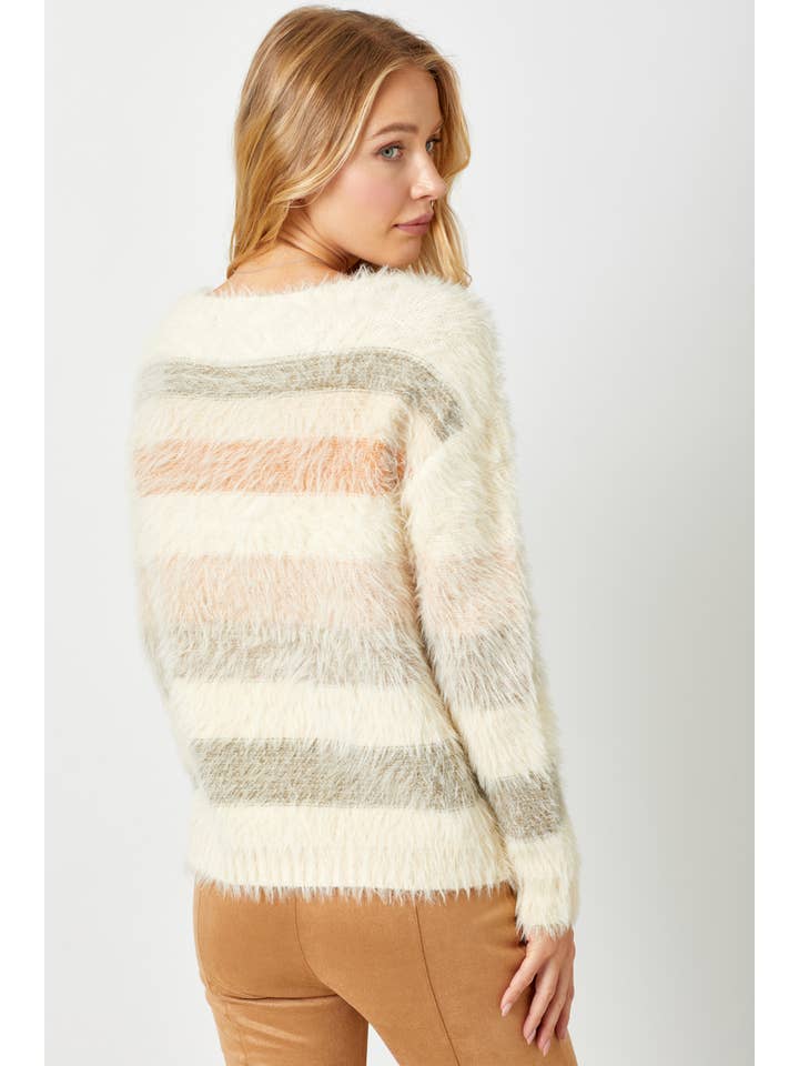 Cream Mix 57608 Fuzzy Multicolor Stripe Sweater for wholesale on Faire