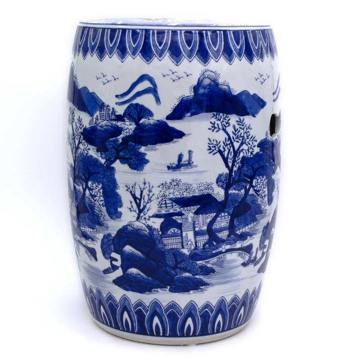 Blue and White Hand Painted Landscape 16'' Height Drum Stool for wholesale by Euro Ceramica Home | ClayBarn