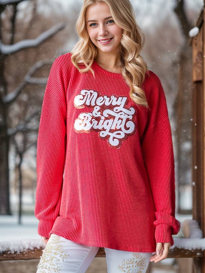 LONG SLEEVE SOLID URBAN RIBBED SEQUINS CHRISTMAS PATCH TOP for wholesale by Pink Irene Wholesale