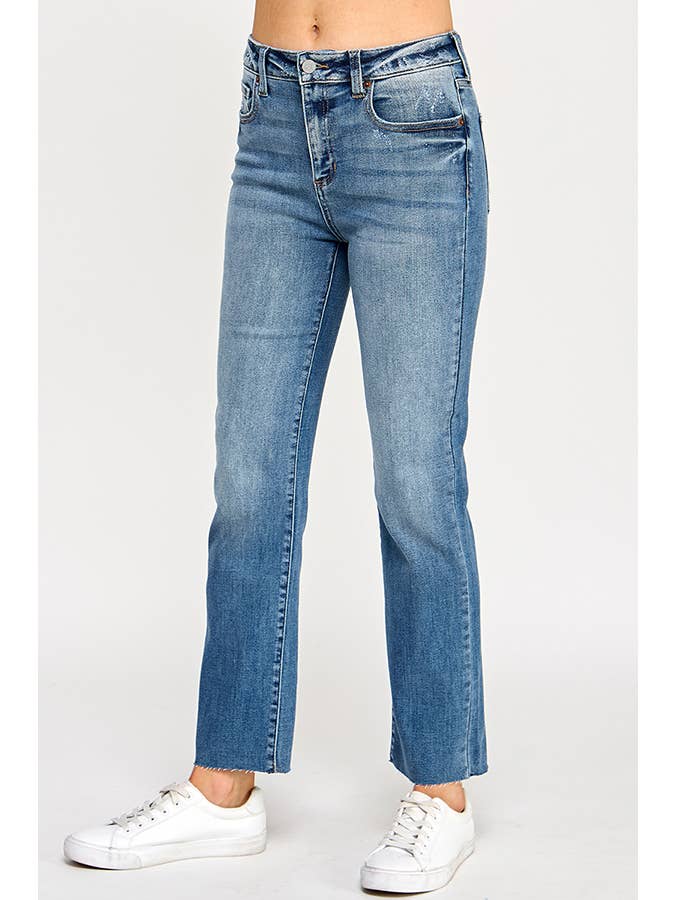 Medium ♡20% OFF♡ HIGH RISE SCISSOR CUT HEM SLIM STRAIGHT JEANS- MED for wholesale on Faire
