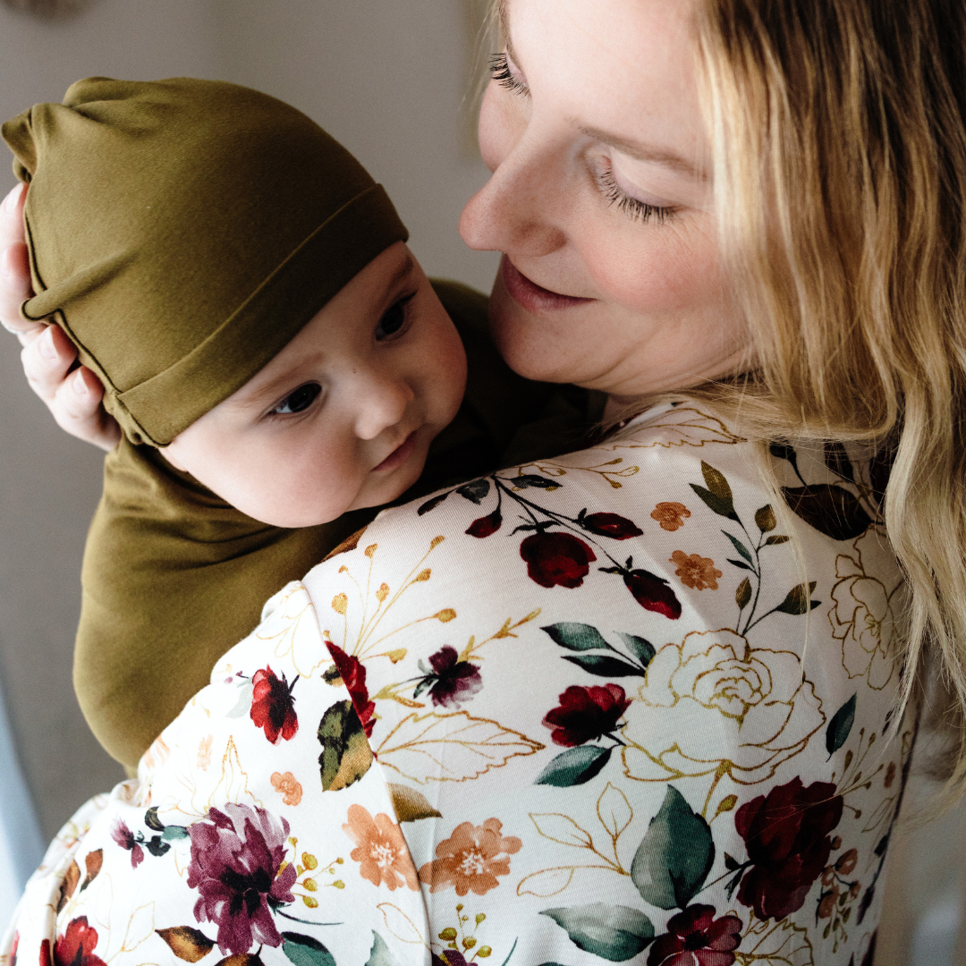 HAHA MAMA Clothing - Wholesale Dress - Maternity - Red Rose Maternity Delivery Gown & Olive Green Swaddle3
