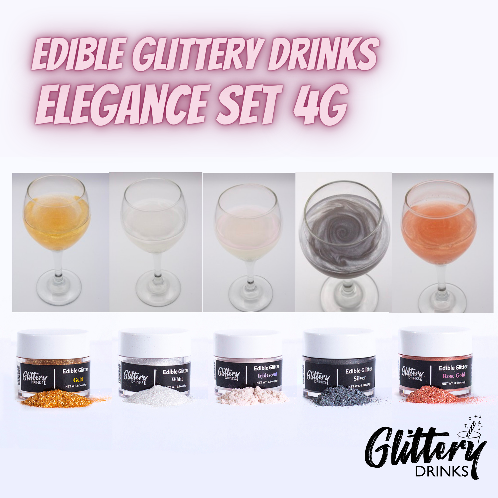 Glittery - Edible, Cosmetic and Biodegradable Glitter Products – Großhandel Drink Topper – Elegance Set – essbares Glitzerpulver für Getränke (5 Farben)7