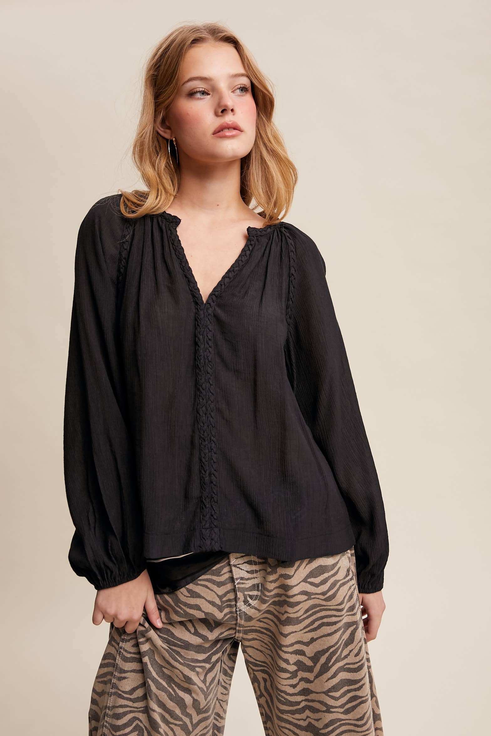 Listicle - Wholesale Blouse - Women's - Braided Trim Peasant Blouse LT144726