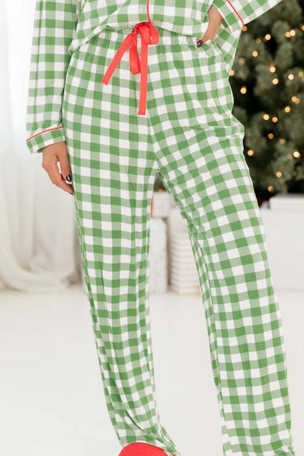Light Green Christmas Plaid Print Shirt and Pants Pajama Set for wholesale on Faire4