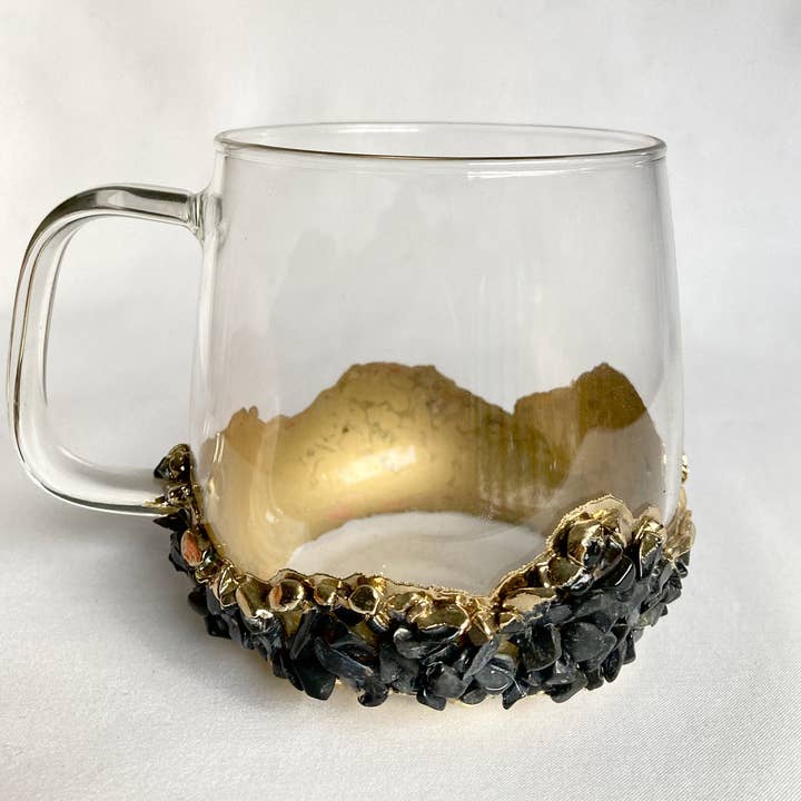 Sæt med 2 | Krystalklare glas kaffe-/te-/juicemugger med guldbelagte sorte agat-/kvarts halvædelsten | 17 oz/500 ml for engroshandel hos The Tangerine Store