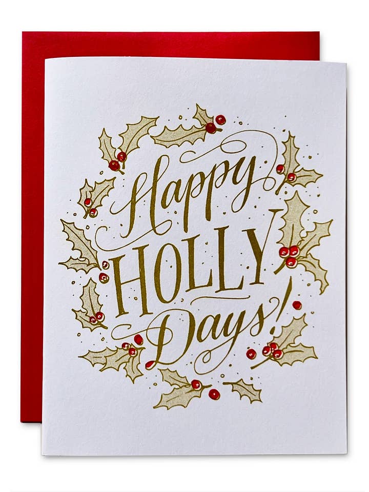 Happy Holly Days Risograph Holiday Card for wholesale by Ladyfingers Letterpress