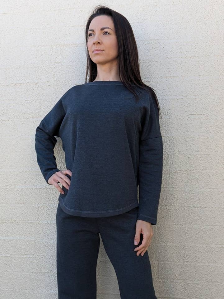 Long Sleeve Boat Neck Top in Charcoal for wholesale by Fit Bird