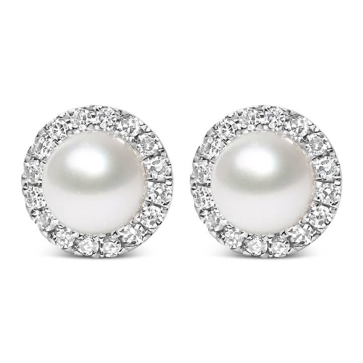 10K White Gold Pearl and 1/7 Cttw Diamond Halo Stud Earring for wholesale by Infinite Jewels