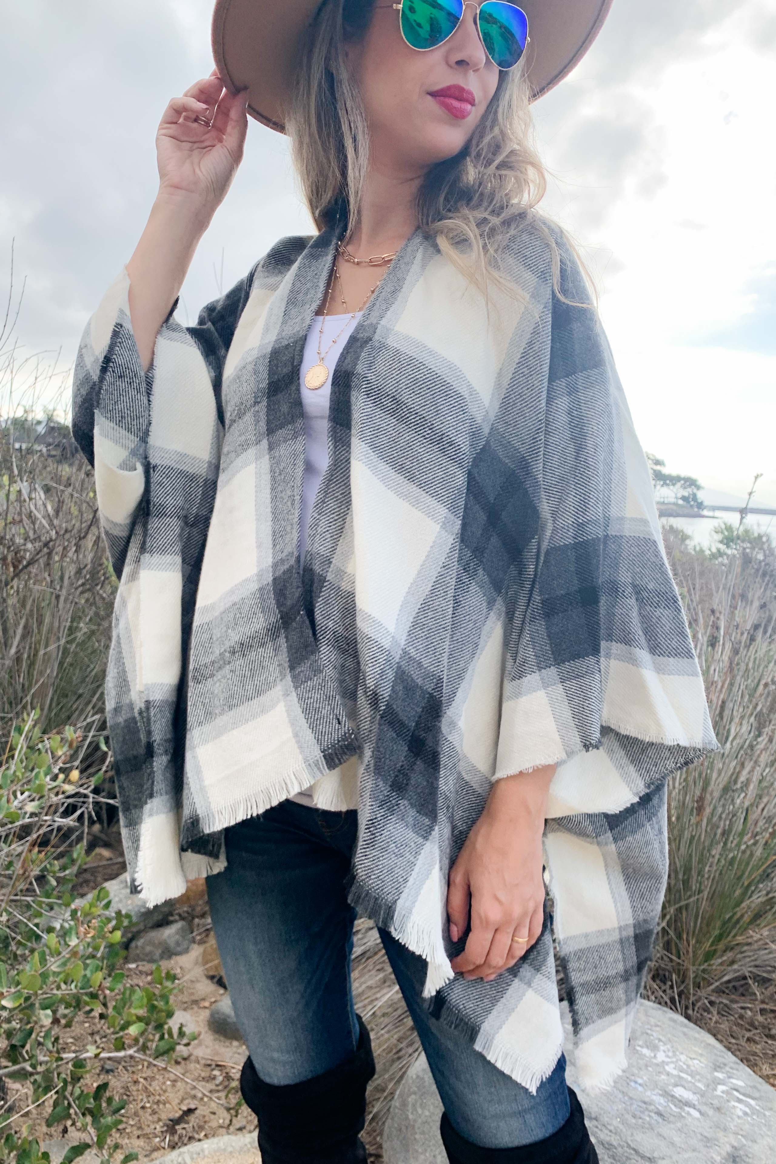 Grey Plaid Printed Cozy Knitted Kimono Cardigan With Fringe for wholesale on Faire1