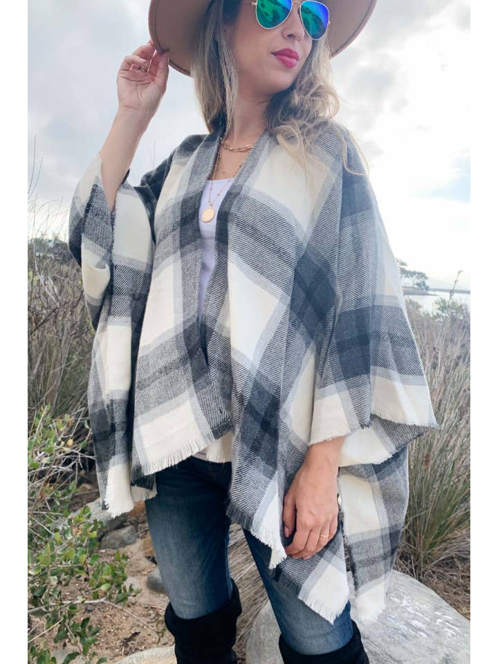 Grey Plaid Printed Cozy Knitted Kimono Cardigan With Fringe for wholesale on Faire1
