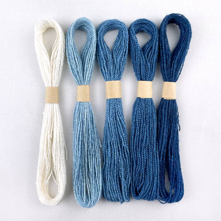 Cedar Dell Designs - Wholesale Embroidery/Cross Stitch Supplies - Indigo Dyed Silk Embroidery Floss - Ombre Set of Blue Thread