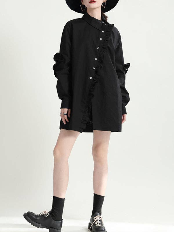 ShieldChic - Wholesale Button Down Shirt - Women's - Loose Solid Color Ruffled Irregularity Buttoned Blouses6