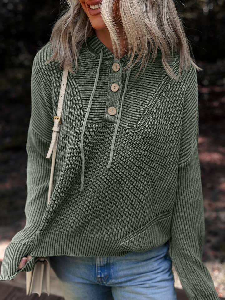 Nebel grün Mineralgewaschener gerippter Strickpullover mit Kapuze für den Großhandel auf Faire0