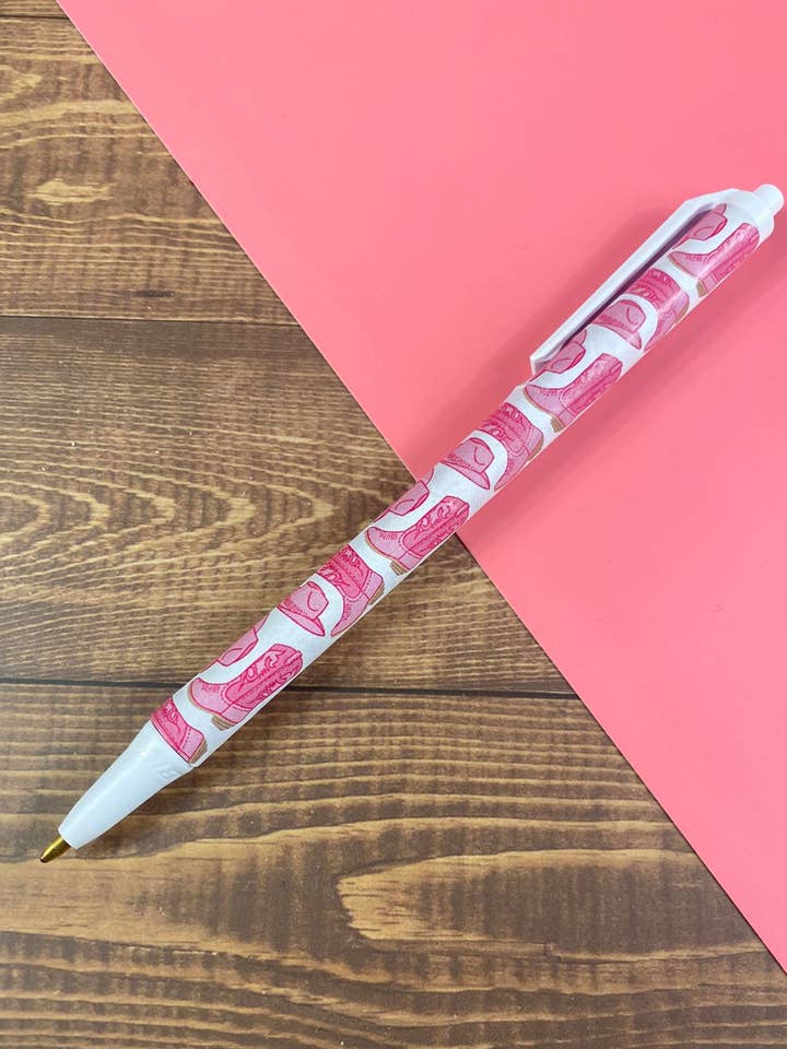 Pink Cowgirl Boots Hat Pattern Retractable Black Ink Pen for wholesale by Made Line Designs