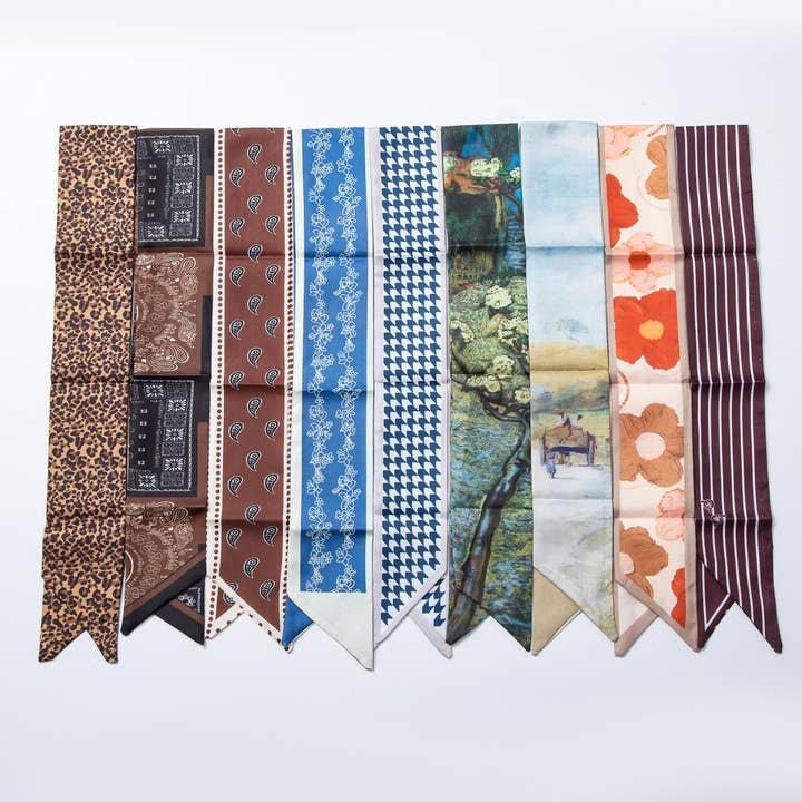 Brown Stripped, Flower, Mosh Green Soft Faux Silk Bandana Scarf Necklace | WA-1588 for wholesale by Aim Eternal