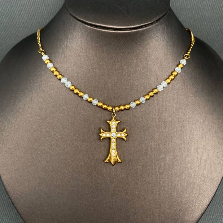 CZ Inlaid Cross 18K Gold Plated S.Steel Necklace - FGS for wholesale by Mio Queena
