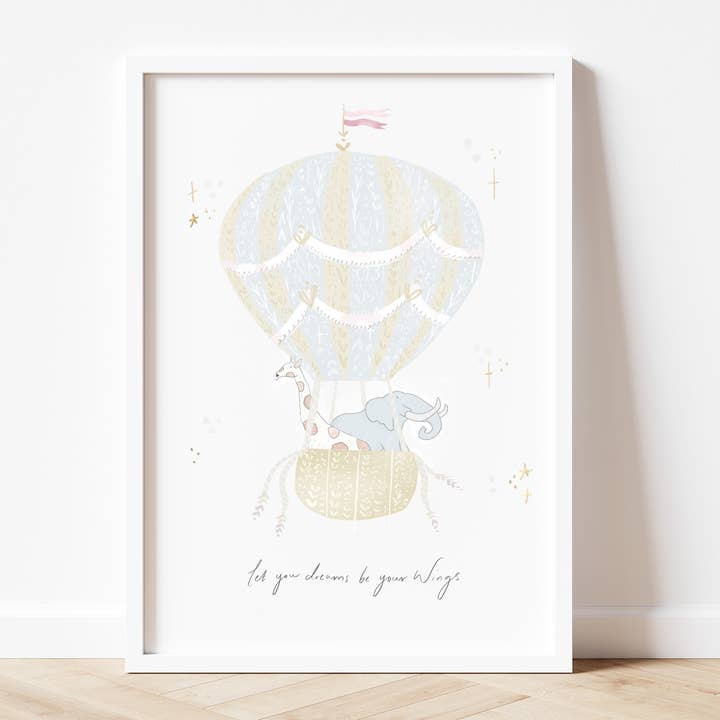 Whimsical safari hot air balloon nursery print for wholesale by Nora Wright