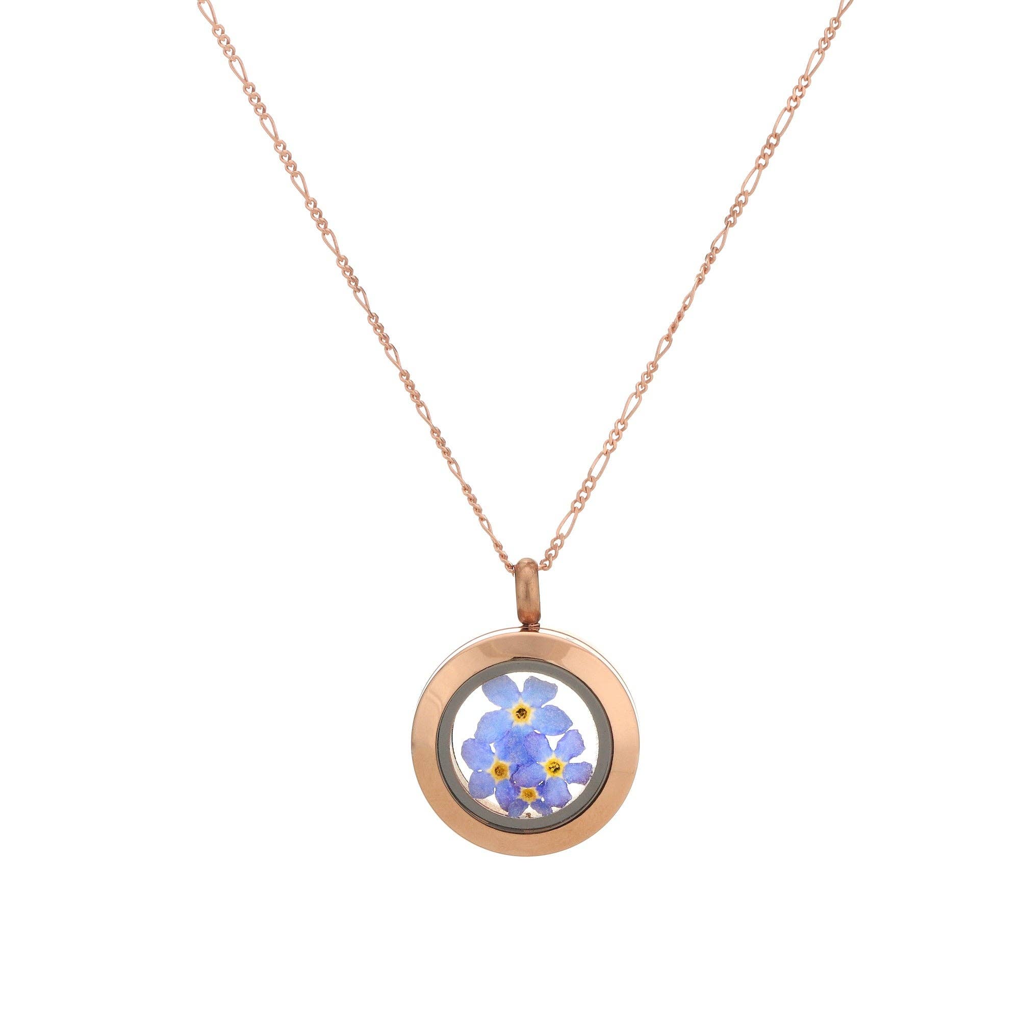 MadamLili – Großhandel Kette mit Anhänger/Charm – Rosegold Vergoldetes Medaillon Vergissmeinnicht - 925 Sterling Vergoldete Kette mit Echten Blüten - K925-12611