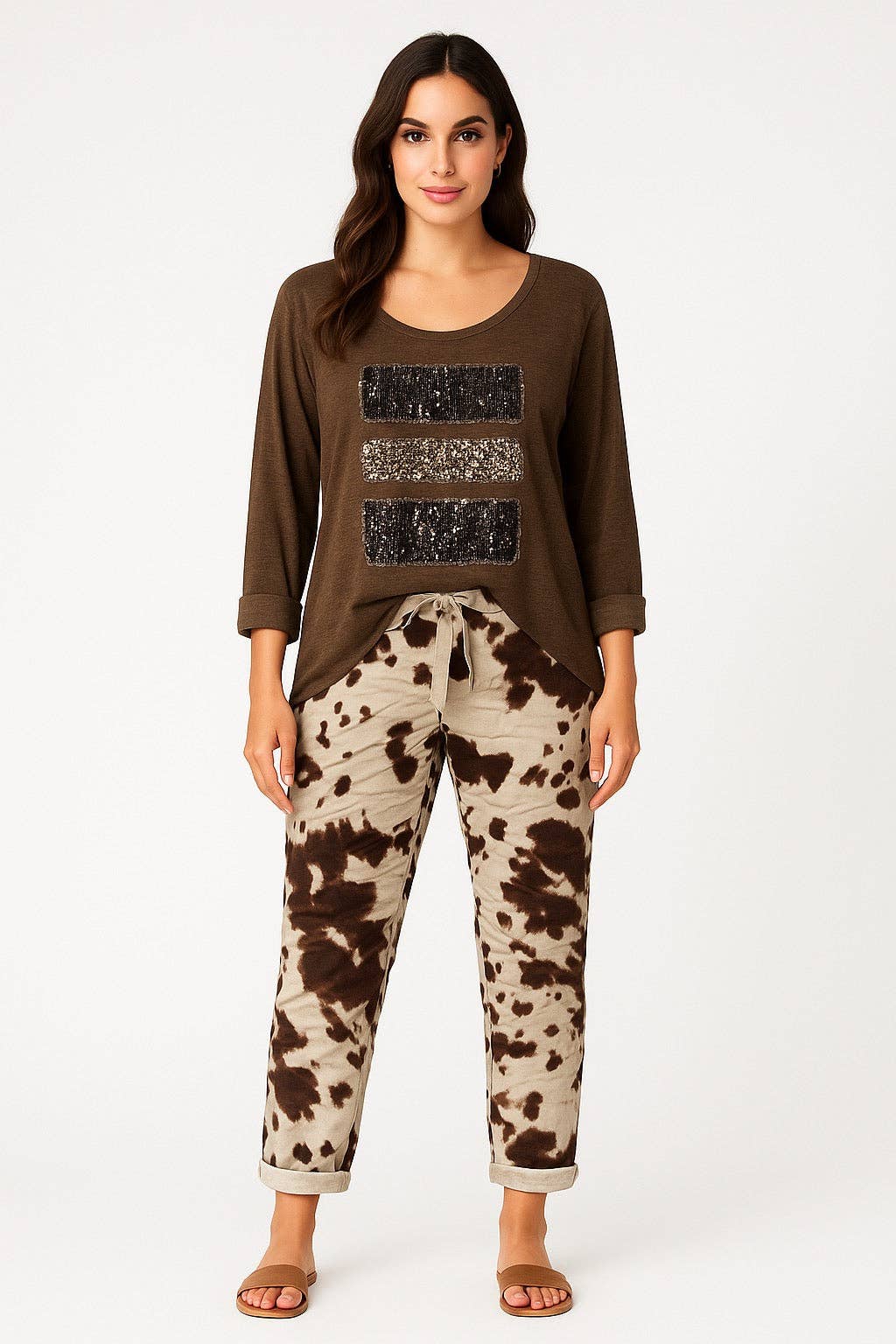 Beige Cow Print Stretch Pants for wholesale on Faire1