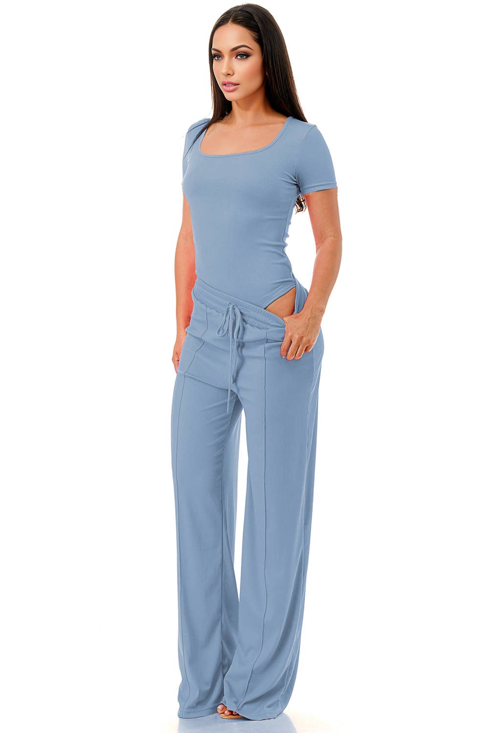 Color 5 - Wholesale Top & Pant Set (NOT Loungewear) - Women's - Slinky short sleeve body suit with flare pants fashion set27