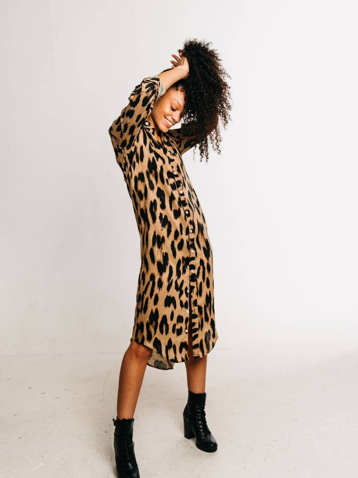 Cheetah Linen Girlfriend Midi Dress for wholesale by Emily Phillips Clothing