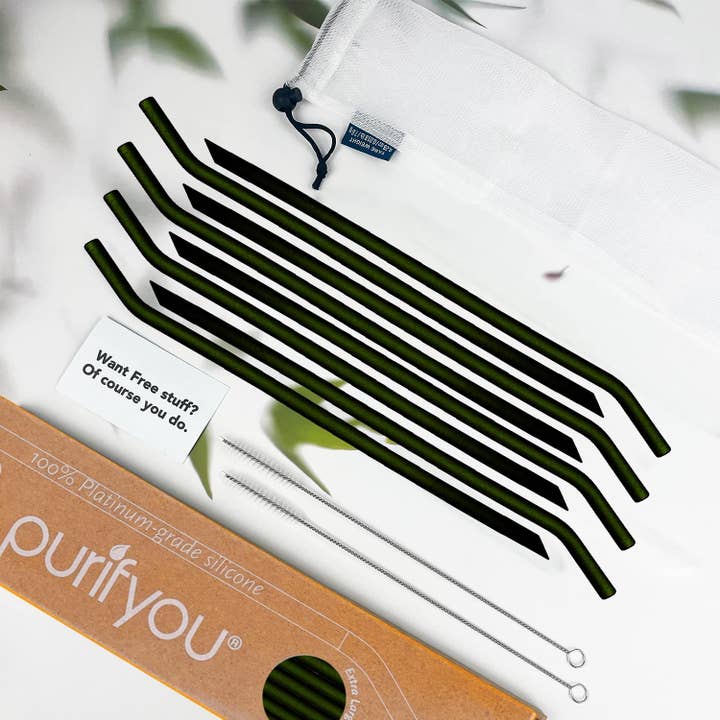 purifyou Platinum Silicone Black Straws (Set of 8) for wholesale by purifyou