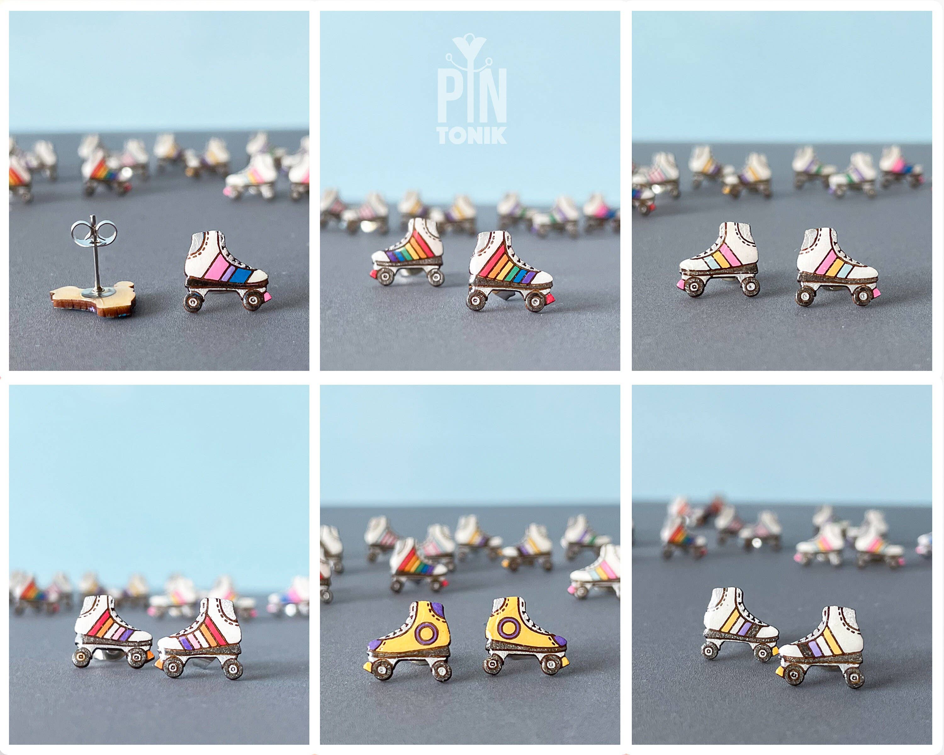 PinTonik - Wholesale Stud/Post Earrings - Retro Roller Skate Pride Flag Wood & Stainless Earrings3
