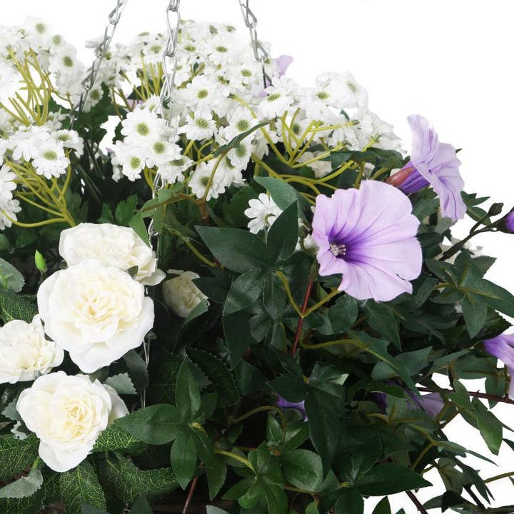 Closer2Nature – wholesale Artificial flowers – Artificial White and Purple Rose, Daisy and Morning Glory Display in a 14" Round Willow Hanging Basket10