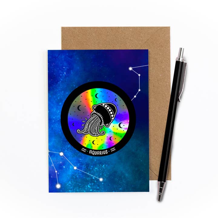 Aquarius Birthday Sticker Greetings Card for wholesale by Amy Illustrates