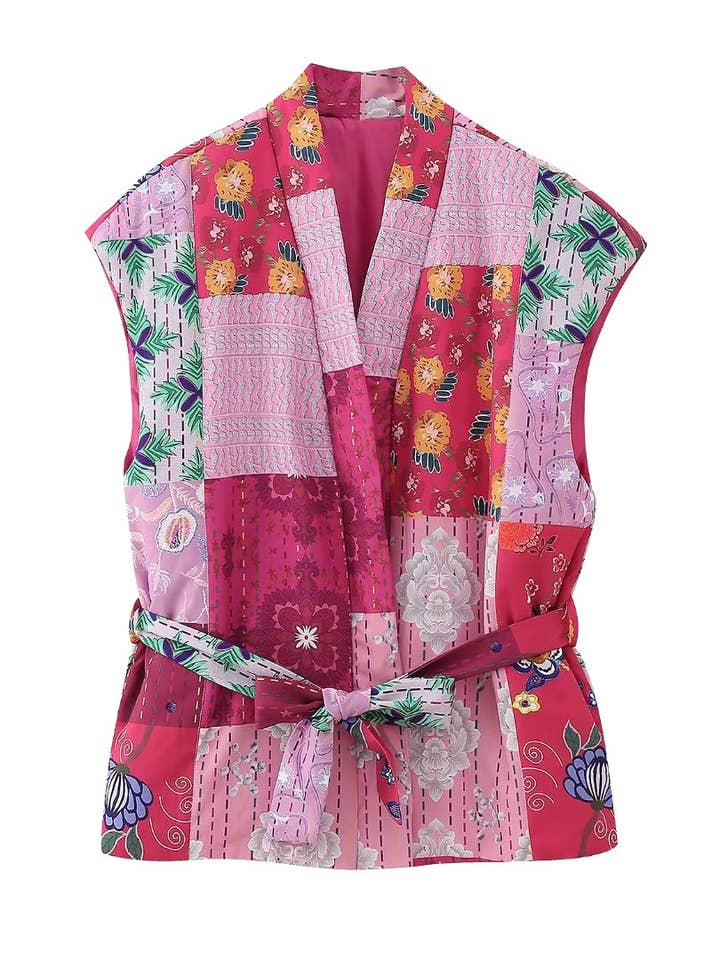 RoseRed Floral Printed Panelled Lace-Up Quilted Vest for wholesale on Faire