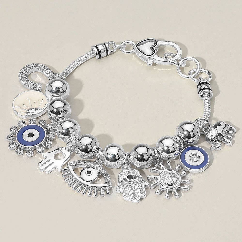 Sensibling Corp. - Vendita all'ingrosso Braccialetto con ciondolo/pendente - Braccialetto con ciondoli a forma di occhio malvagio, mano di Hamsa, elefante, sole, ferro di cavallo e perline.2