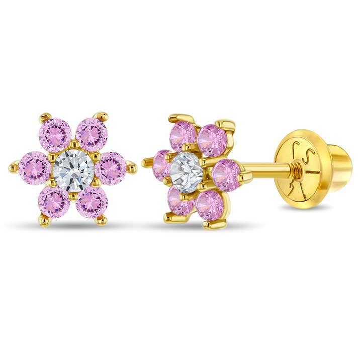 In Season Jewelry - Wholesale Earrings - Kids - 14k Gold Cubic Zirconia Flower Baby / Toddler / Kids Earring