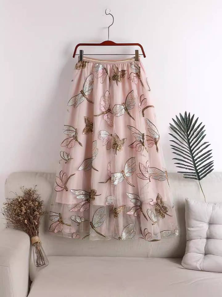 PEACH ACCESSORIES – wholesale Skirt – Women’s – Sequined Dragonfly Embroidery Mesh Tulle Skirts SK1941