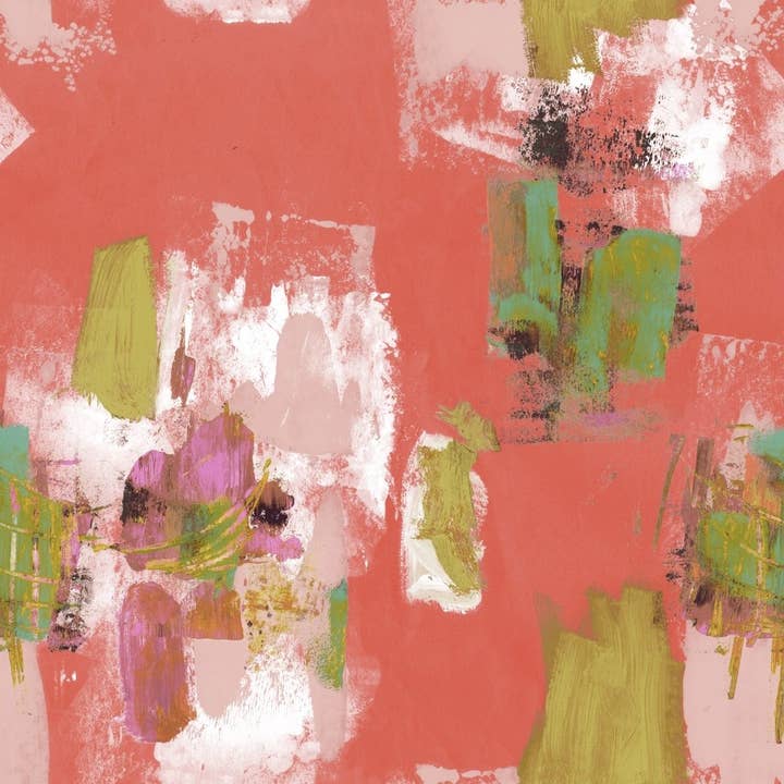 Abstract schilderachtig behang- helder koraal en groen voor wholesale door Sharon Jane Studio