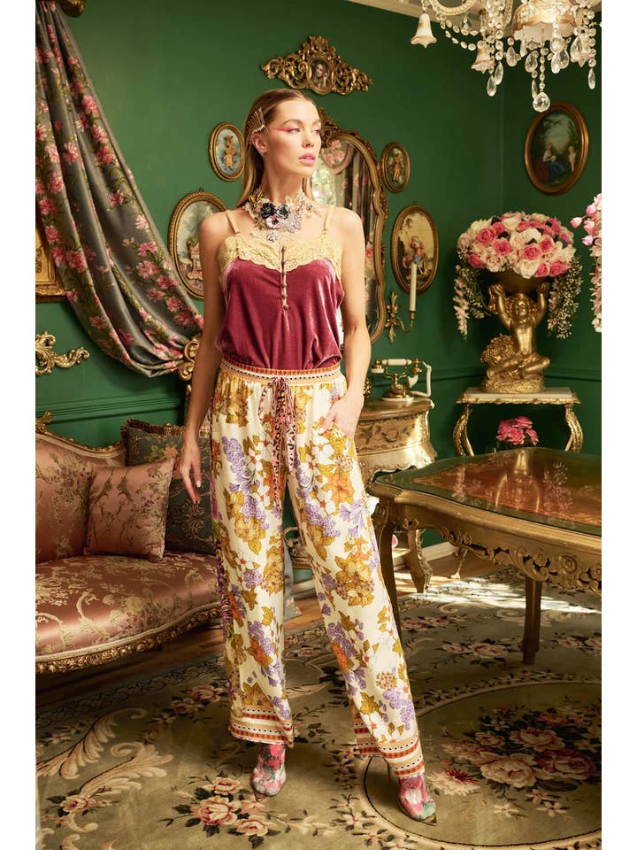 Ivory Floral Golden Aurela Pants for wholesale on Faire
