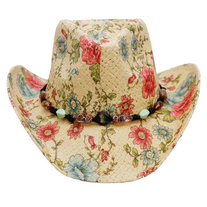 Cap Zone - Wholesale Cowboy Hat - Women's - Floral Print Raffia Paper Straw Cowboy Hat16