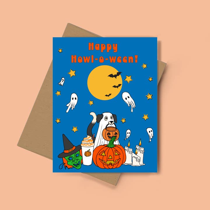 Howl-o-ween Dog Parent Halloween Greeting Card-6 pack for wholesale by Spooky Glam Paper