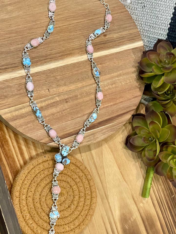 Handmade Sterling Silver, Golden Hills & Pink Conch Lariat Necklace for wholesale by Nizhonitradersllc