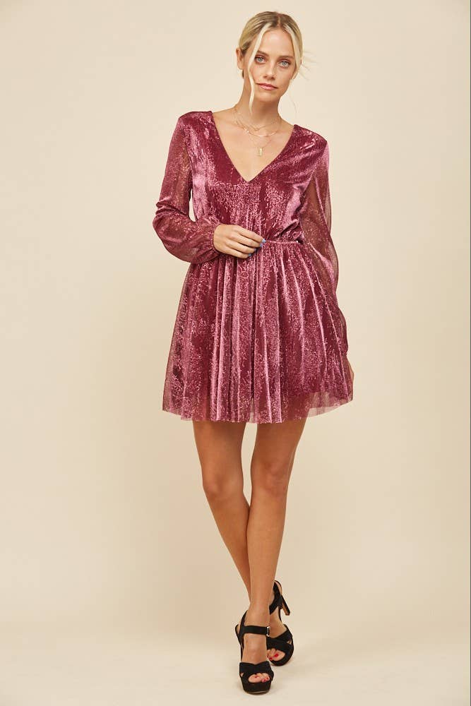 WISTERIA LANE - Wholesale Dress - Women's - SHIMMERING MINI VNECK LONG SLEEVE DRESS 3224DA WINE2