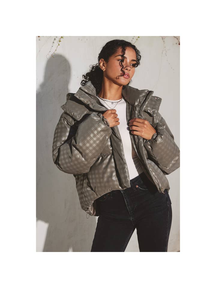 MOCHA GREY Plaid Puffer Jacket (1) for wholesale on Faire7