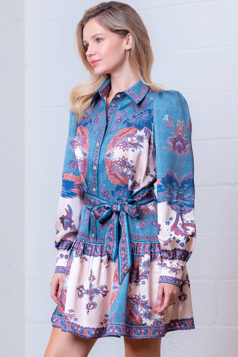 Blue Multi WD99080T-BLUE CREAM FLORAL PLACEMENT PRINT DRESS  for wholesale on Faire2