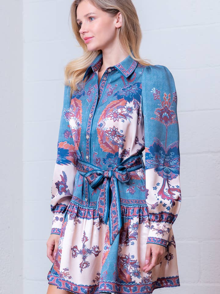 Blue Multi WD99080T-BLUE CREAM FLORAL PLACEMENT PRINT DRESS for wholesale on Faire2