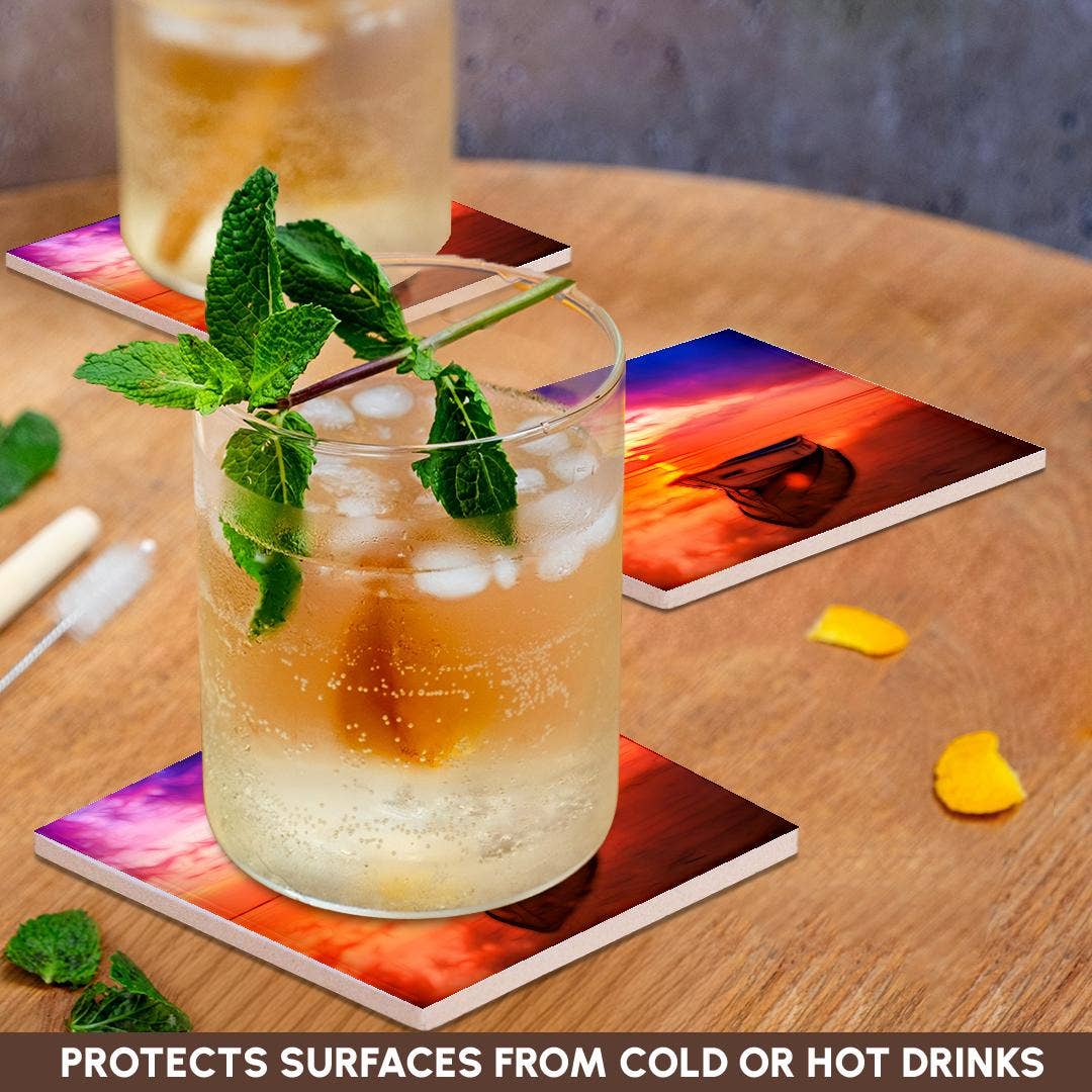 3dRose - Vente Sous-verre - 3dRose, Image colorée d'un bateau infusé de lumière sur l'eau, Dessous de verre2