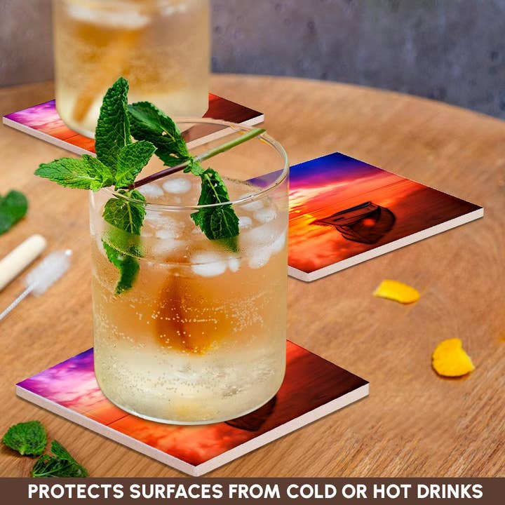 3dRose – wholesale Underlägg – 3dRose, Färgglad bild av ljusinfunderad båt på vattnet konst, underlägg2